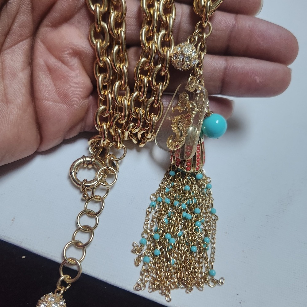 Lilly Pulitzer Gold Seahorse Tassel Statement Necklace Turquoise Coral Nautical - Picture 14 of 16
